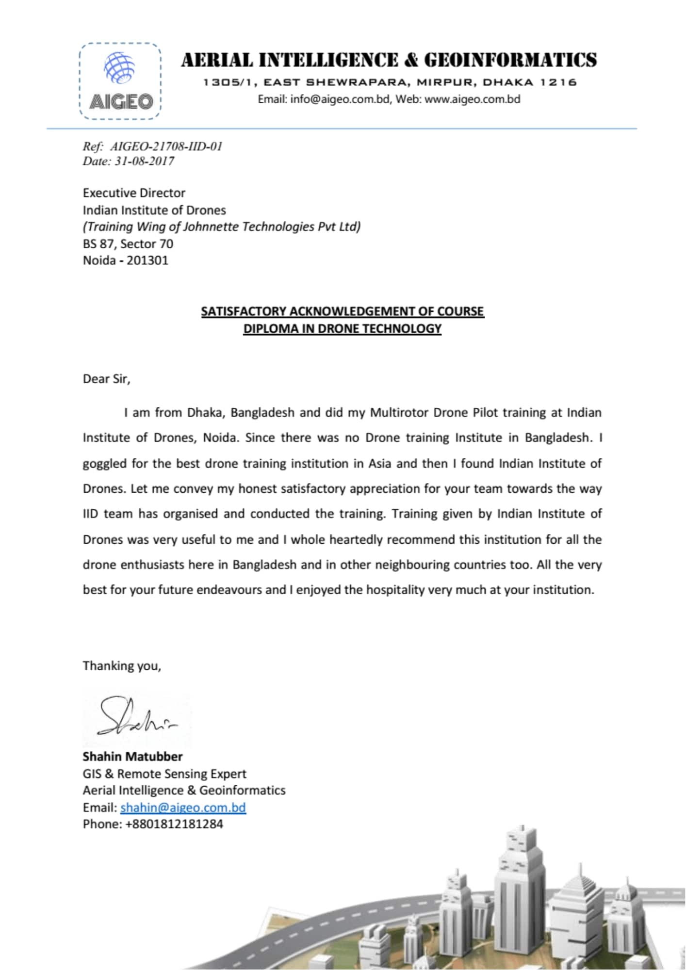 Satisfactory Letter from AIGEO Bangladesh